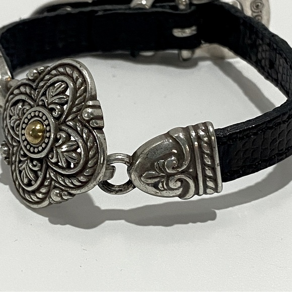 Brighton Black Leather Bracelet Silver Ornate Scroll Flower Design 07043 Boho - Picture 3 of 12